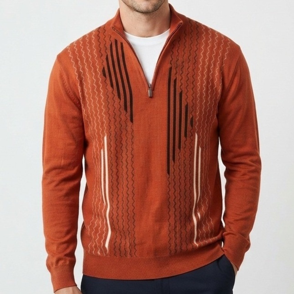 Miko Quarter Zip Sweater Mens Large Rust Orange Wool Blend Pullover